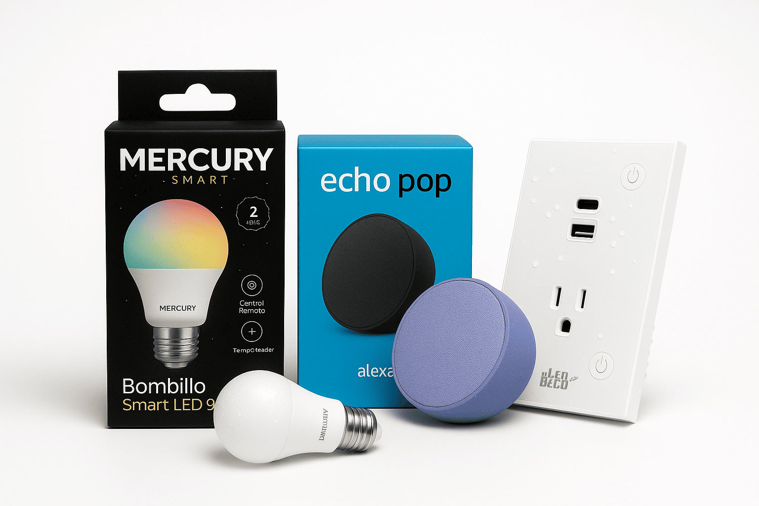 Simulacro Navideño (1xAlexa Echo Pop + 1xToma Smart Sencilla + 1xBombillo Smart LED 9W)